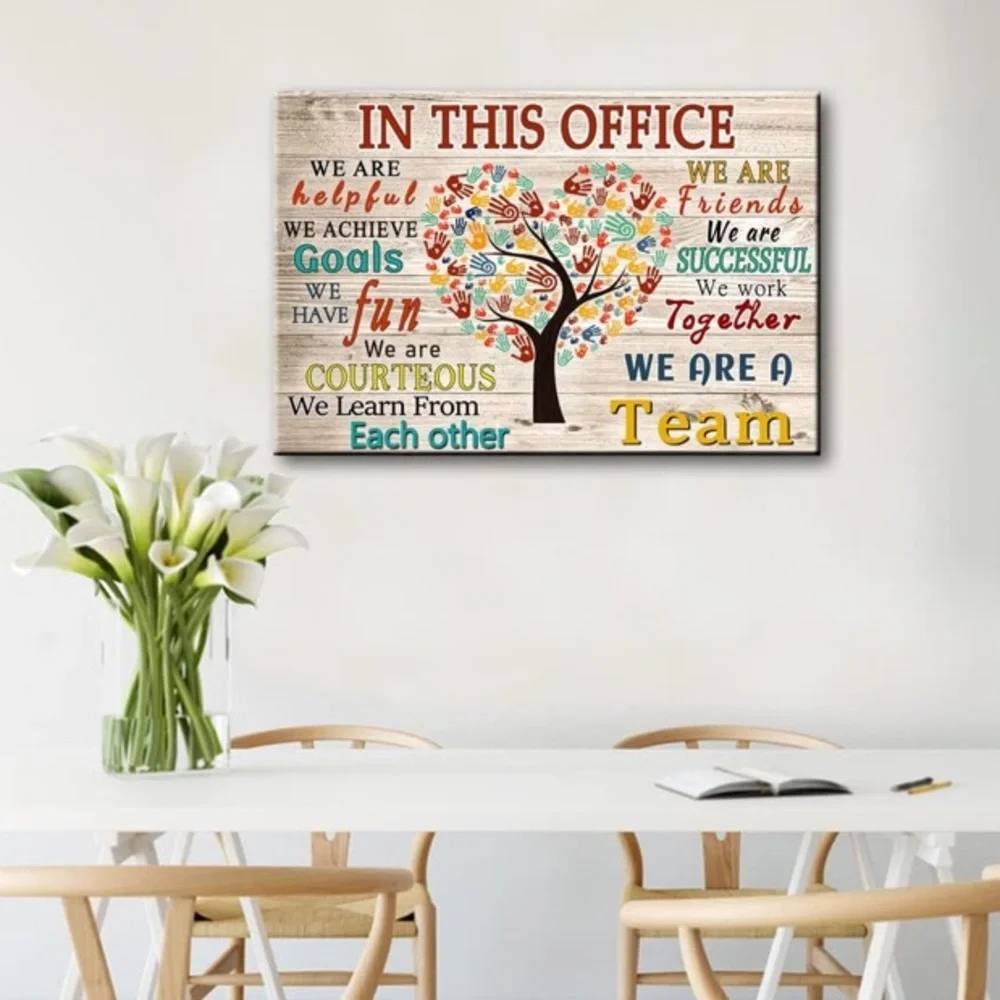 Office artwork with colorful inspirational phrases and handprints around a tree - Picture 4 of 5